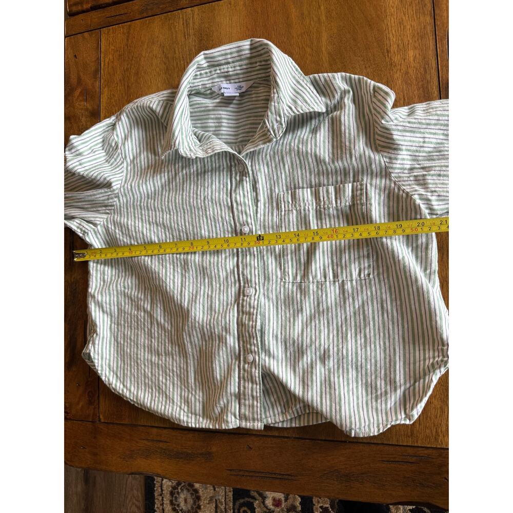 Old Navy The Cropped Shirt XS Tall 100% Cotton Green Stripe Button Down - Picture 5 of 10